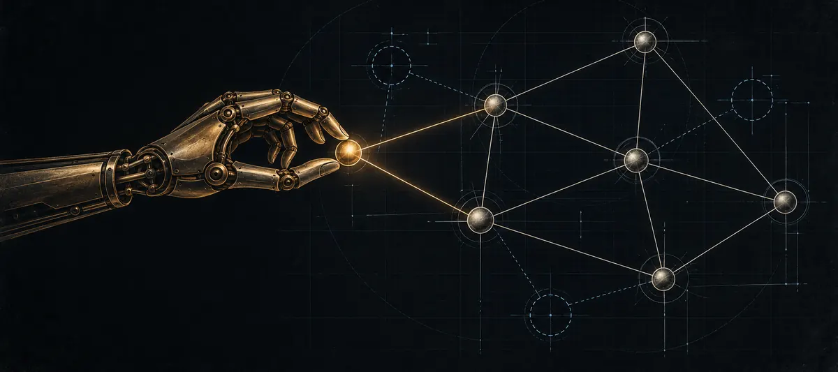 Technical illustration of a knowledge graph drawn as a blueprint, with a bronze automaton hand placing one more glowing node into the lattice.
