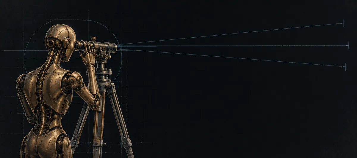 Technical illustration of a surveyor’s level on a tripod with a slim automaton behind it, three blue sight lines running to tick marks at different distances.