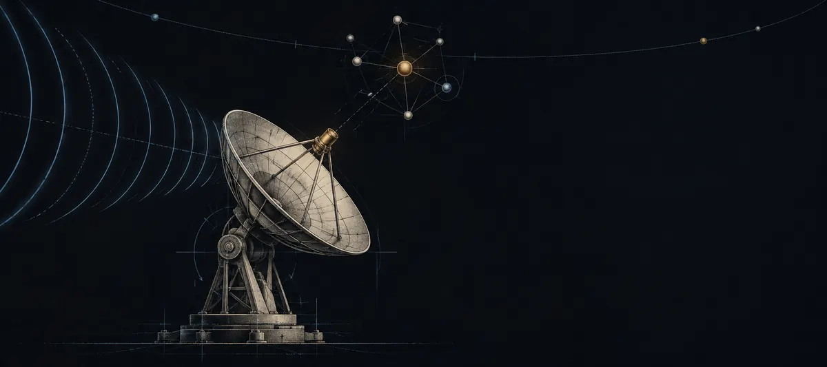 Technical illustration of a parabolic dish antenna receiving concentric blue arcs, the signal resolving into a small constellation of linked nodes above it.