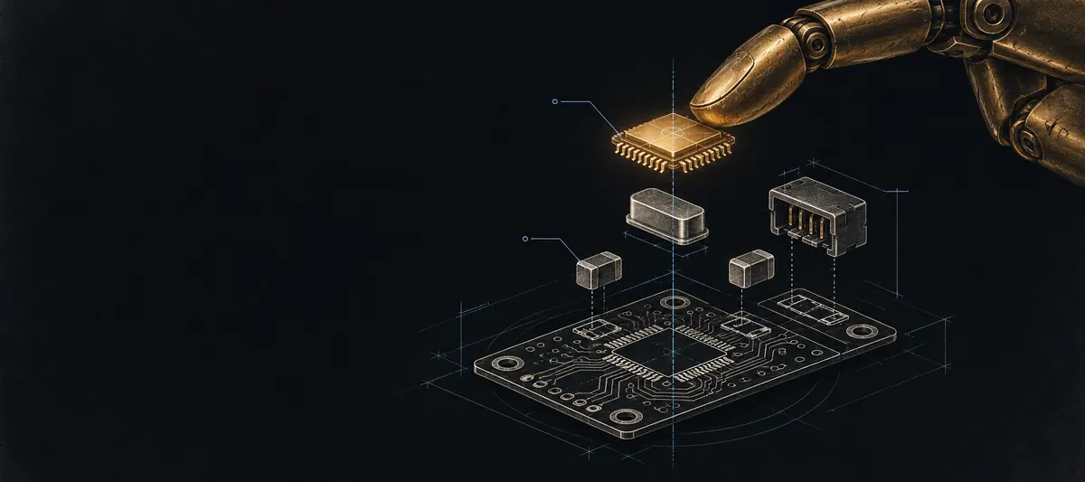 Technical illustration of an exploded circuit board: components lifted above the board along a blue axis, one brass chip held in place by an automaton fingertip.