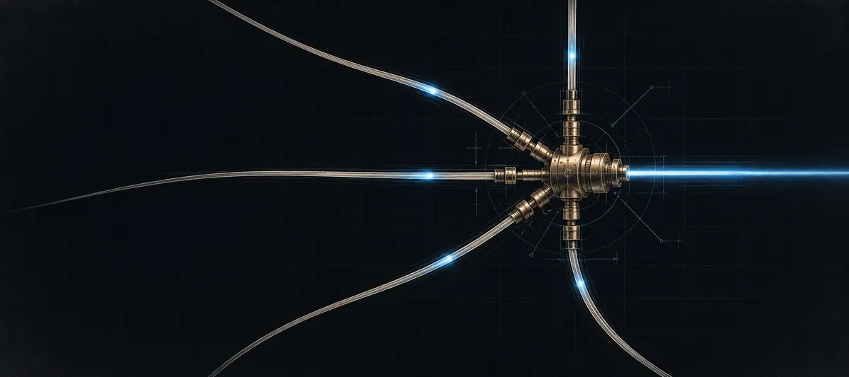 Technical illustration of six optical fibres converging on a single brass coupler, blue light travelling along each strand and one beam leaving to the right.
